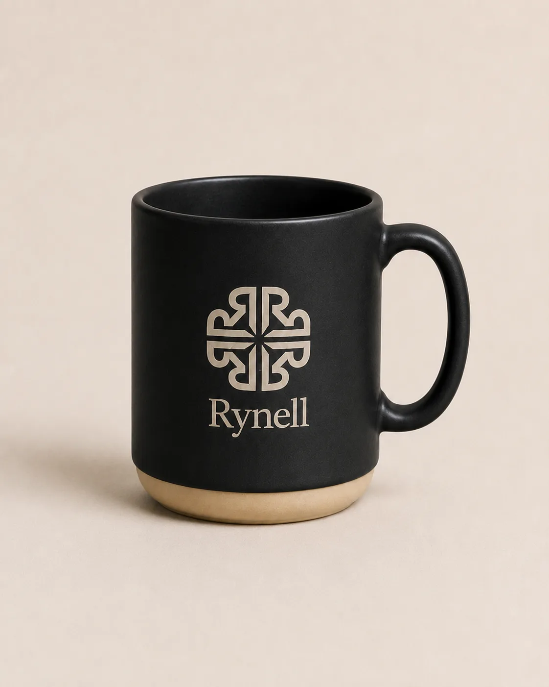 Ivory ceramic Rynell mug with black logo