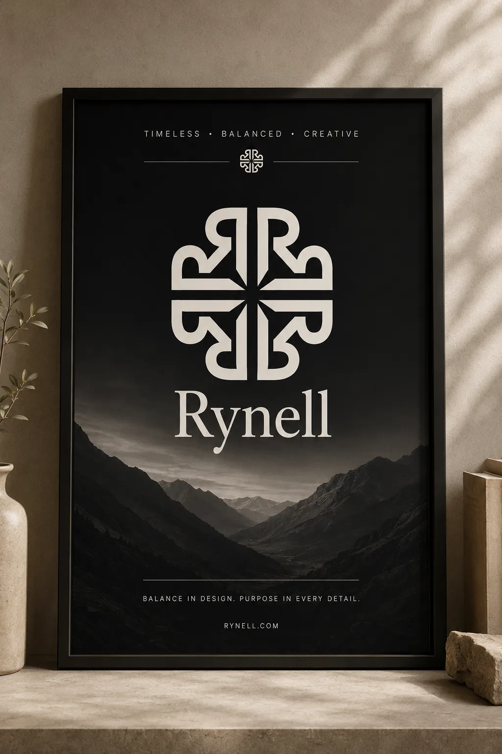 Large framed Rynell mountain poster in a warm interior