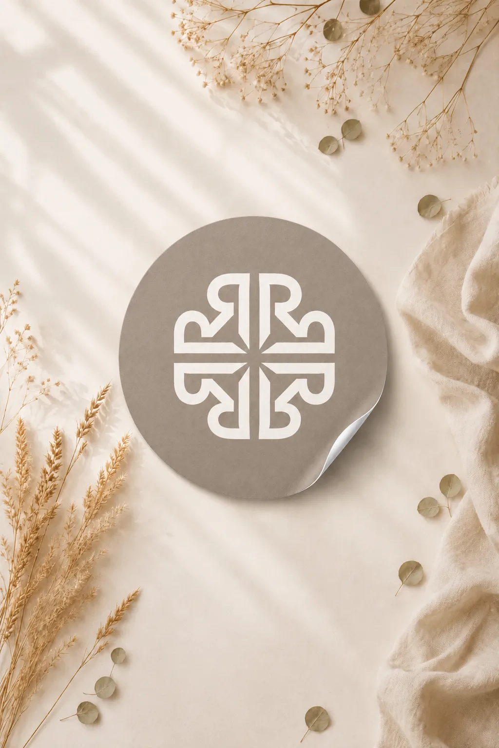 Taupe Rynell monogram sticker in a botanical setting